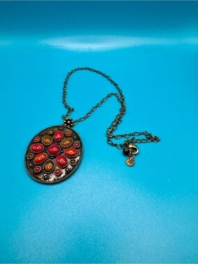 Vtg 70’s Ximara Castro Signed Antique Brass Cabochon Medallion Necklace